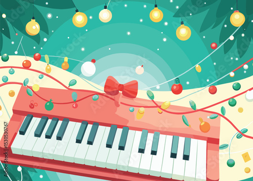 Festive Piano Celebration Holiday-Themed Flat Illustration with Decorations