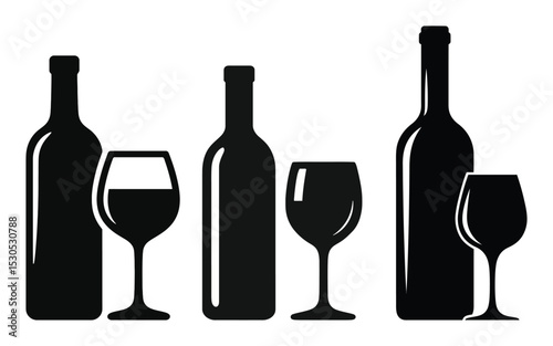 Silhouette Wine Bottle and Glass Clipart Set