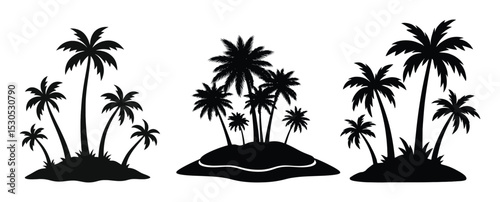 Silhouette Palm Tree Island Clipart Set Tropical Black Vector Illustrations on White Background