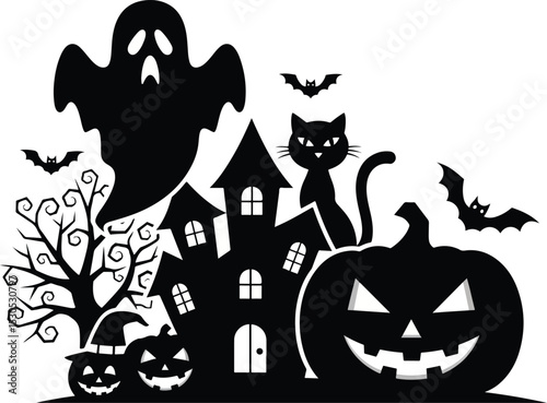 Spooky Halloween Scene Silhouette with Ghost, Haunted House, Black Cat, and Jack-o'-Lanterns