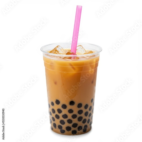 Iced bubble tea in plastic cup with pink straw