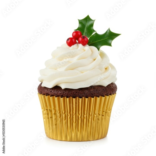 Chocolate cupcake with white frosting and holly
