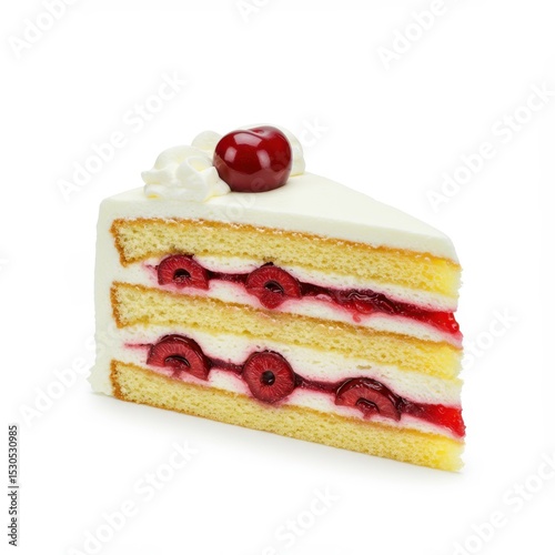 Slice of cherry cake with frosting and layers