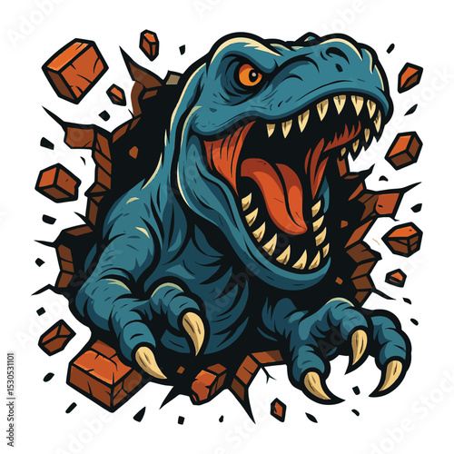 Dynamic Cartoon T-Rex Dinosaur Bursting Through Wall