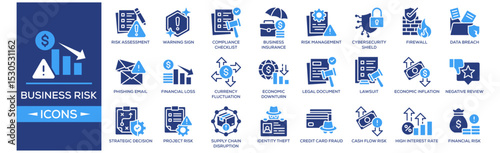 Business Risk icon set. Containing design Risk Assessment, Compliance Checklist, Business Insurance, Risk Management, Firewall. Solid icon collection.
