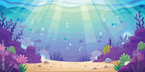 Underwater Paradise with Colorful Marine Life in Flat Illustration Style