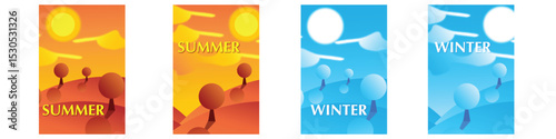Seasonal Landscape Set – Summer and Winter Nature Backgrounds. 
