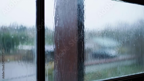 Wallpaper Mural Rainy days inside: window view of raindrops falling, peaceful atmosphere footage Torontodigital.ca
