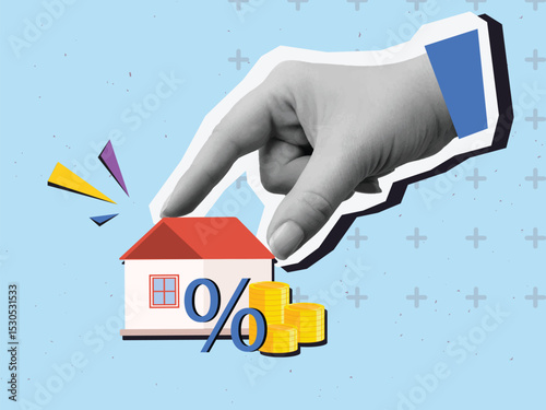 Black and white hand putting house near stack of gold coins and percent symbol. Modern collage style. Vector illustration