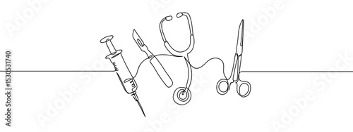 Continuous line, medical instruments, syringe, stethoscope, scalpel, surgical scissors Vector art lines, transparent background, edit stroke