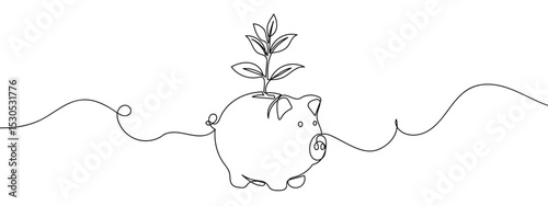 Continuous line, piggy bank and growing tree, finance illustration, financial growth concept. Vector art lines, transparent background, edit stroke