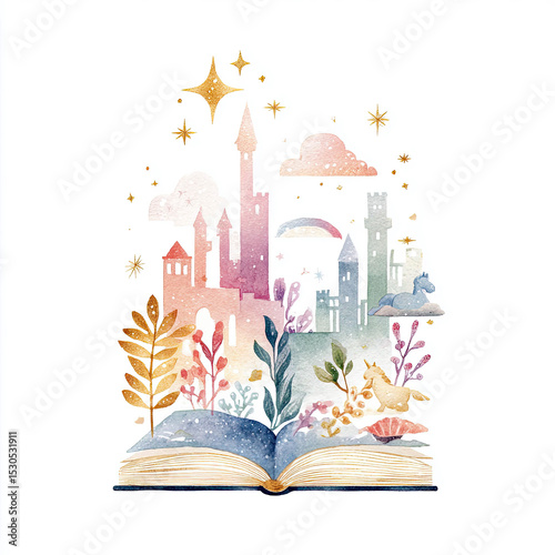 Open Book Depicting Castles and Unicorns with Celestial Starry Sky Watercolor