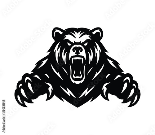 Roaring Grizzly Bear Mascot or Decal - Black and White Vector