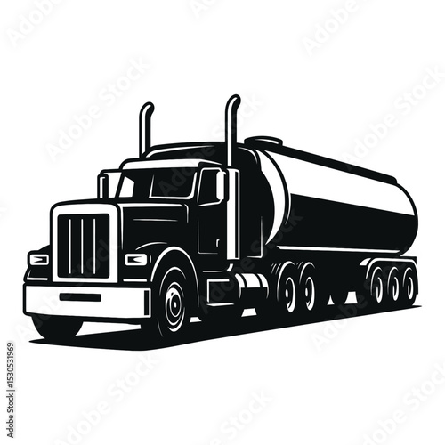 A Classic American Tanker Truck Black and White Illustration