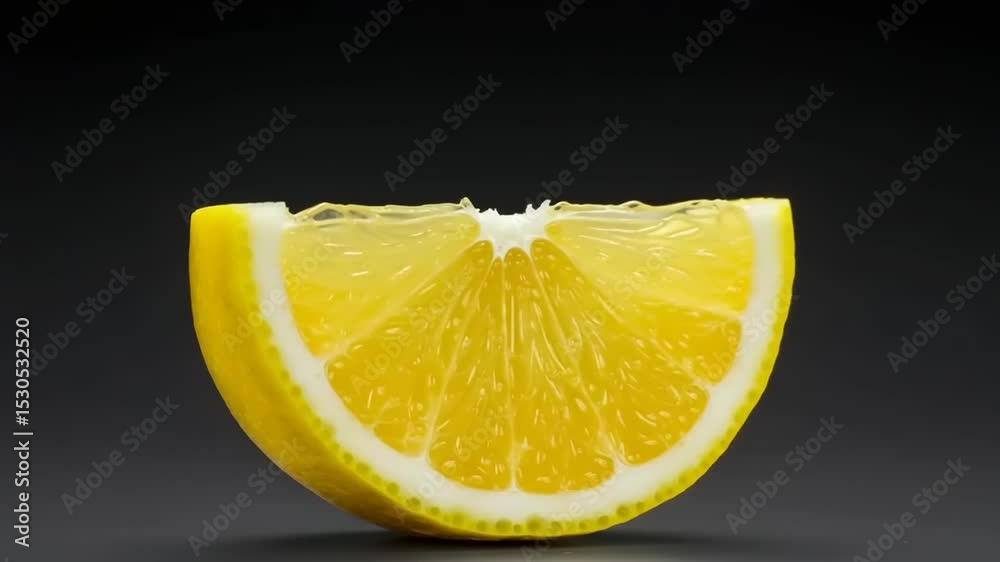 Fresh lemon slice on black background showcasing juicy texture and vibrant color, ideal for culinary use