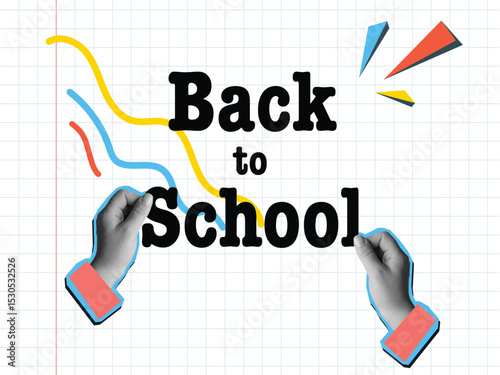 Black and white hands holding text Back to School. Modern photo collage style. Vector illustration