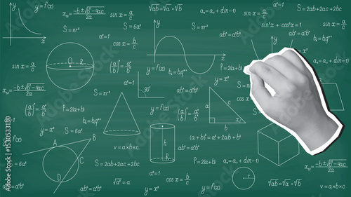 A hand writes a math formulas on a blackboard with chalk. Modern collage style. Vector illustration