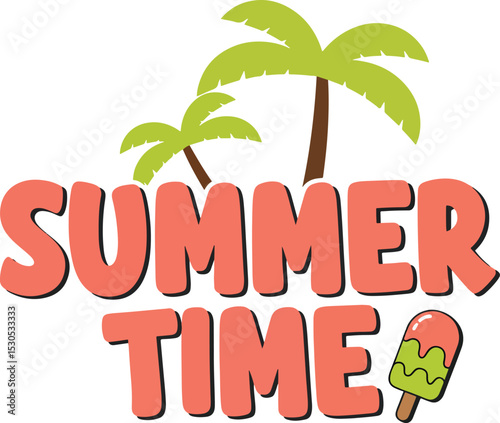 summer time handwritten style with palm tree and ice cream icon