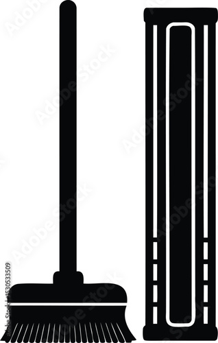 Vector Silhouette of Upright Broom and Vacuum for House Cleaning, Hygiene Supplies, and Domestic Chores Concept photo