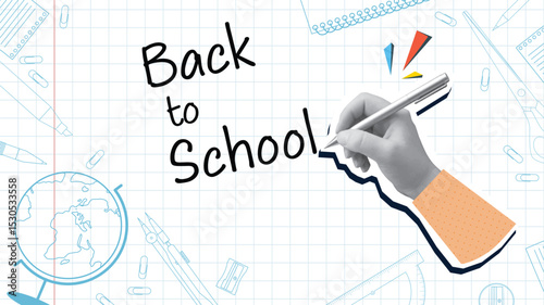 A black and white hand writes an inscription Back to School, stationery items on a background. Modern photo collage style. Vector illustration