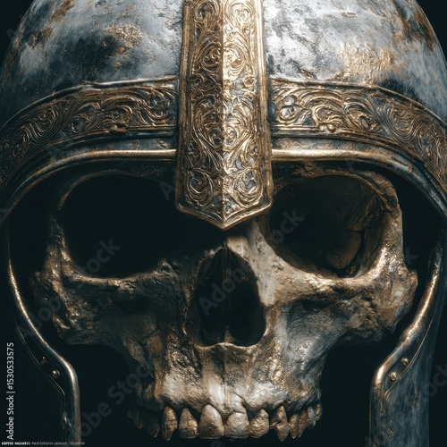 This striking render features a skull encased in a beautifully crafted medieval helmet, highlighting the intricate details of both the skull and the armor