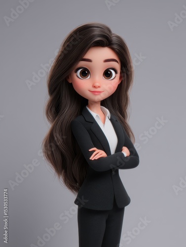 Full-length caricature of a confident woman in a business suit, standing with arms crossed and long flowing hair, showcasing a professional demeanor and friendly expression
