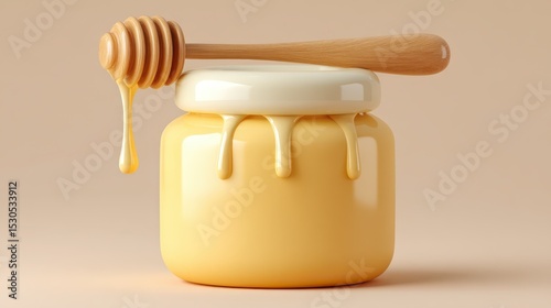 Simple illustration of a honey jar with a smooth surface, featuring honey oozing from the lid. A wooden dipper rests atop the jar, emphasizing the sweetness of the honey
