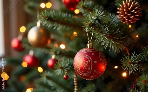 Christmas trees with ornaments and festive decorations. High quality