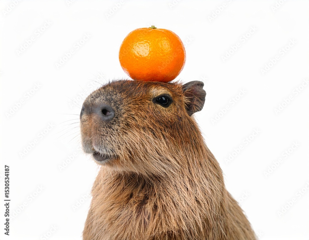 Fototapeta premium Cute capybara with tangerine over white background
