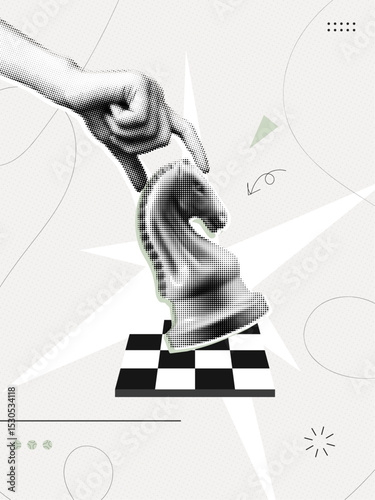 Trendy Halftone Collage Hand holding chess piece. Abstract chessman. Game strategy. Strategic leader. Knight horse chess figure. Paper texture. Contemporary vector illustration art