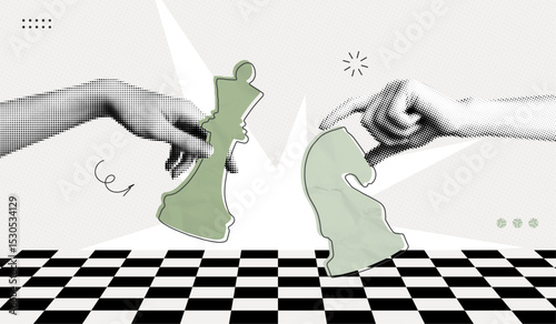 Trendy Halftone Collage Hands hold chess pieces. Abstract chessman. Game strategy. Strategic leader. Challenge your opponent. Paper texture. Contemporary vector illustration art
