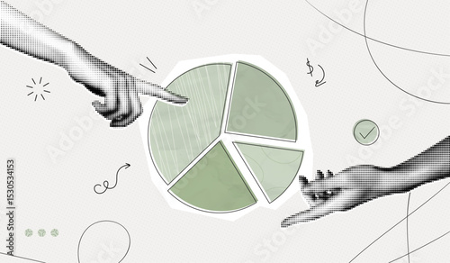 Trendy Halftone Collage Hand with pieces of pie chart. Business data and market share concept. Circular diagram parts. Finance graph. Investment strategy. Contemporary vector illustration art