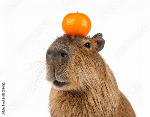 Cute capybara with tangerine over white background
