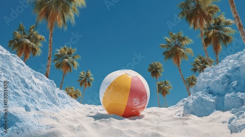A vibrant beach ball sits on golden sand, surrounded by tall palm trees swaying gently in the warm sun. The clear blue sky enhances the tropical feel of this beachfront location