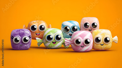 Big-eyed Candy cartoon Characters Cute candies with big eyes and smiling faces, posed like little Halloween buddies