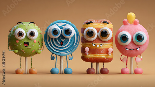 Big-eyed Candy cartoon Characters Cute candies with big eyes and smiling faces, posed like little Halloween buddies