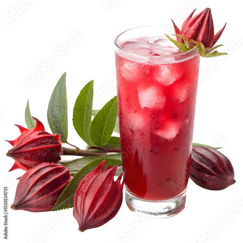 Roselle Juice with Ice in Glass and Roselle Fruits