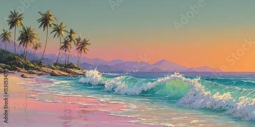 Vibrant colors depict a peaceful beach scene at sunset, featuring gentle waves lapping against sandy shorelines surrounded by lush palm trees. A serene atmosphere invites relaxation