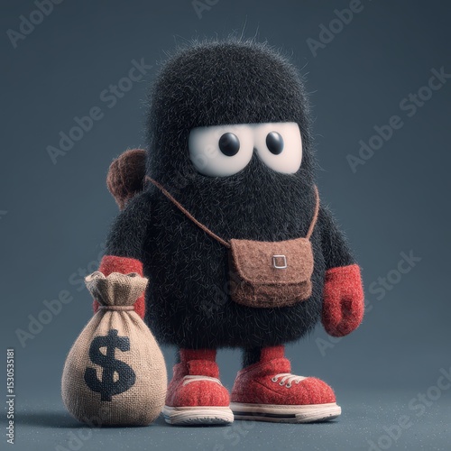 A black felt monster with big eyes stands confidently on a smooth surface, wearing vibrant red shoes and clutching a burlap bag marked with a dollar sign