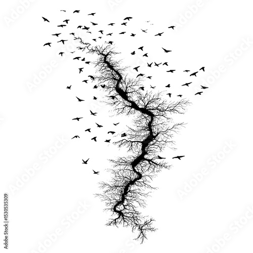 Modern nature illustration featuring a black river panorama silhouette, with a card and copy space, isolated on a white background