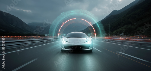 A futuristic car equipped with recognition technology travels along a multi-lane highway at dusk.