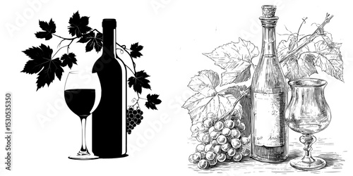 A wine bottle, wineglass, and grape vine are depicted in modern black silhouette form against a white background