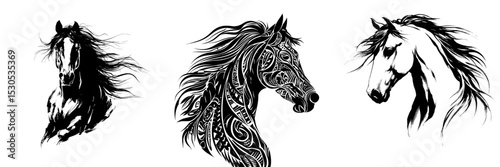 A horse portrait is depicted in a modern illustration through silhouette drawing