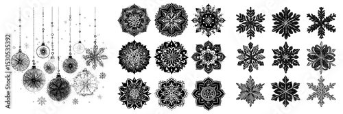 Isolated snowflakes on a white background, accompanied by hand-drawn doodle line snow icons and silhouettes, serve as a design element for Christmas banners and cards, as well as Xmas ornaments