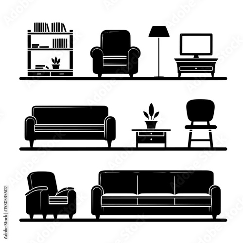 Black and white silhouettes of various rooms, modern furniture stencils on white, and a horizontal banner with interior panoramas are all part of a set that includes room templates for different
