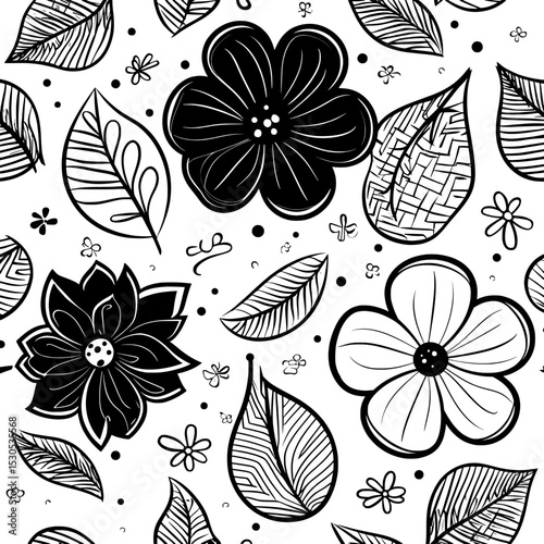 A ditsy print of hand-drawn silhouette wild flowers and leaves scattered randomly on a white background creates a trendy modern texture, suitable for use in monochrome floral seamless patterns for