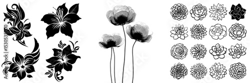 Flowers in modern black silhouette are set against a plain white background