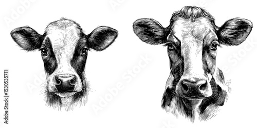 Modern illustration of a cow portrait, featuring a calf head in black sketch isolated on a white background