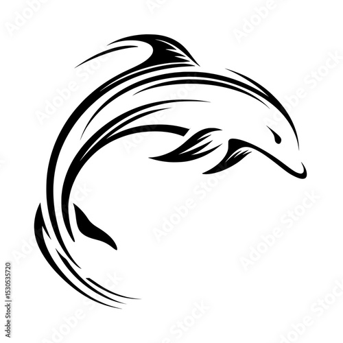 A set of dolphin silhouettes is presented in a hand-drawn modern illustration featuring a black dolphin icon isolated on a white background, suitable for a stylish tattoo or stylized logo