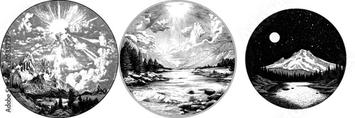 The modern sketch features a circular representation of nature, including mountains, forest, ocean, and sun, in black and white